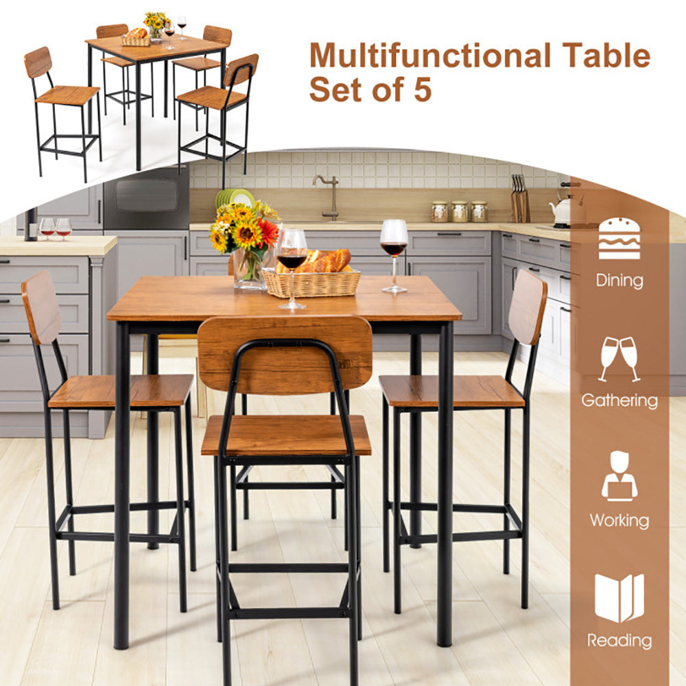 US Local 5 Pieces Industrial Dining Table Set With Counter Height Table And 4 Bar Stools