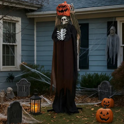 US Local 5.6ft Halloween Decorations Outdoor Life Size Animatronics Ghost With Pumpkin Head, Sound-Actived Party Decor With Creepy Sound , Scary Haunted House Props For Garden Yard Lawn