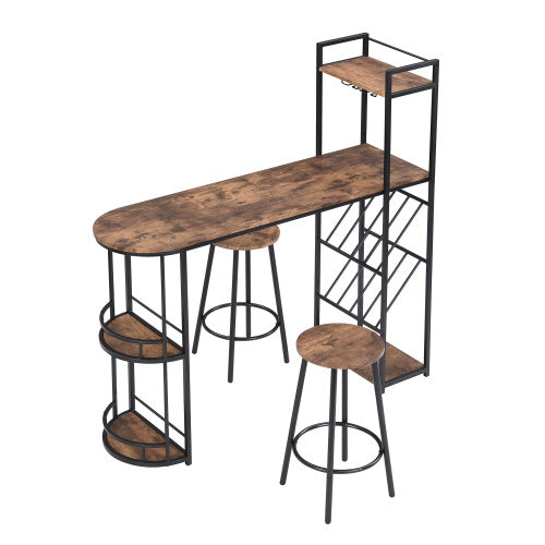 UK Local Industrial Bar Table Set With 2 Chairs, Counter Height Kitchen Dining Table, Wine Rack, And Side Storage, Rustic Brown