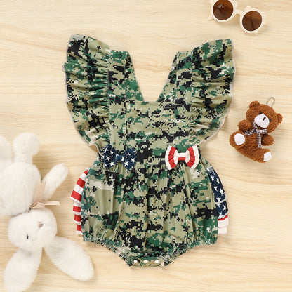 US Local Baby's Girl 4th Of July Independence Day Style Camouflage Pattern Triangle Bodysuit, Casual Sleeveless Romper, Toddler & Infant Girl's Onesie