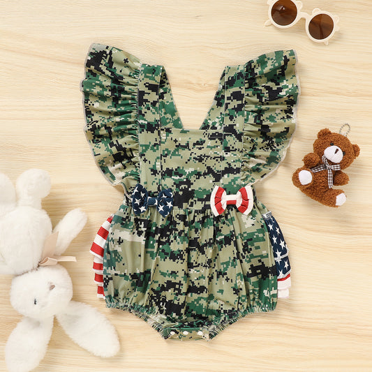 US Local Baby's Girl 4th Of July Independence Day Style Camouflage Pattern Triangle Bodysuit, Casual Sleeveless Romper, Toddler & Infant Girl's Onesie