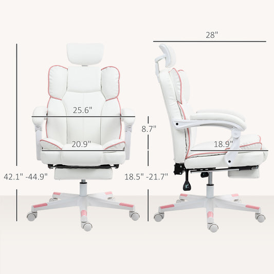 US Local PU Leather Office Chair, Executive Desk Chair With Headrest, Foot Rest, Swivel Wheels, Reclining Computer Chair, White