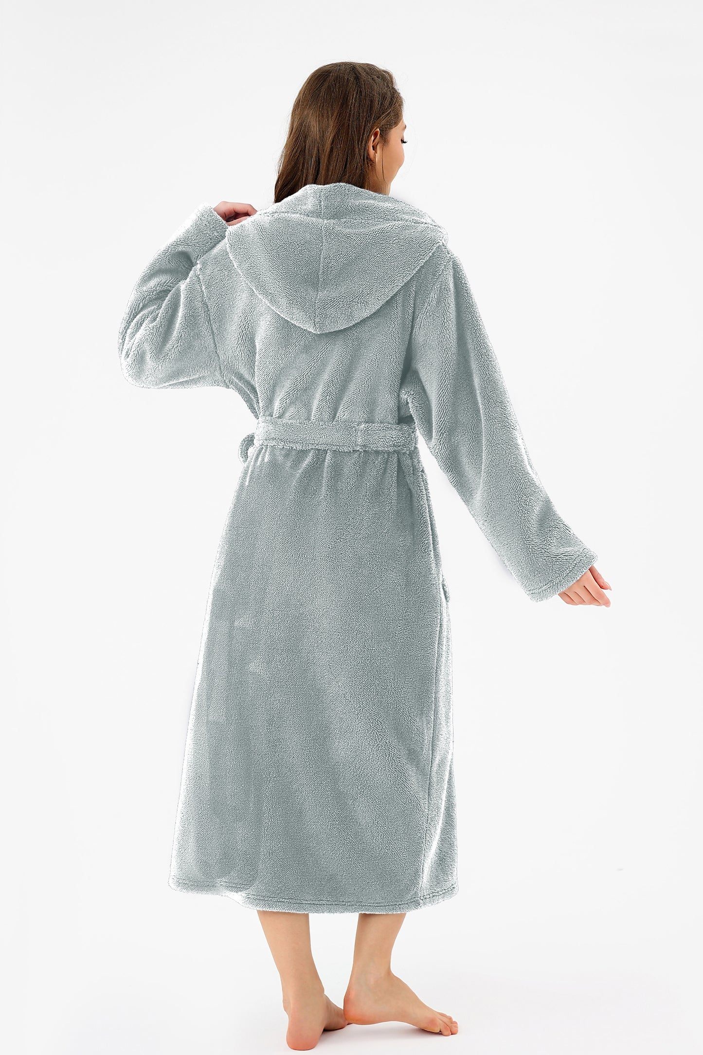 US Local RONGTAI Womens Hooded Robe Long Plush Fleece Bathrobe With Pockets Nightwear S-XXL
