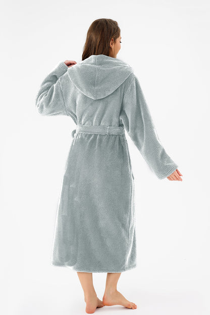 US Local RONGTAI Womens Hooded Robe Long Plush Fleece Bathrobe With Pockets Nightwear S-XXL