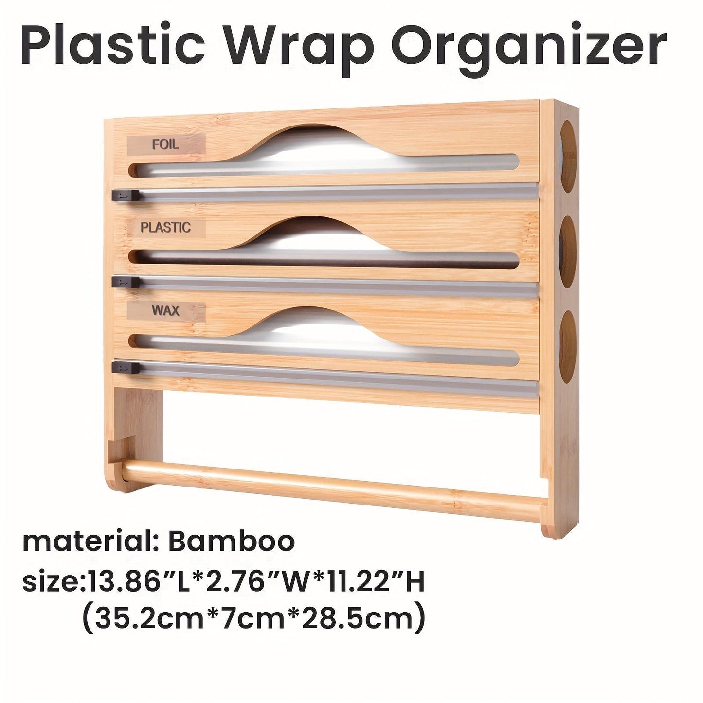 US Local Bamboo Plastic Wrap Cutter With Paper Towel Holder Kitchen Wall-mounted Tinfoil Cutter With Three-grid Cutter And Paper Towel Storage Rack