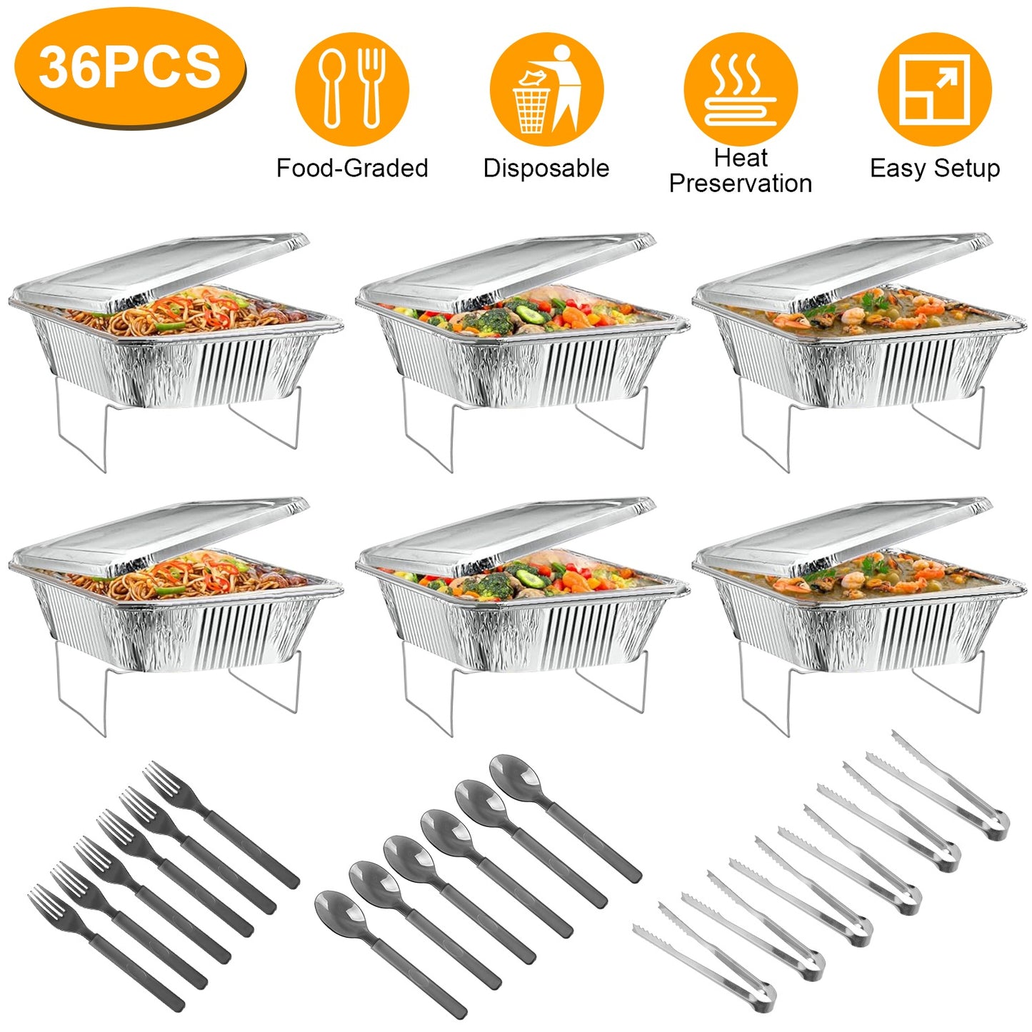 US Local 36Pcs Per Set Disposable Chafing Dish Buffet Set Food Warmers For Party Buffet Server Catering Supplies With Covers Utensils Half Size Food Pans For Parties Events BBQ Catering