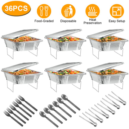 US Local 36Pcs Per Set Disposable Chafing Dish Buffet Set Food Warmers For Party Buffet Server Catering Supplies With Covers Utensils Half Size Food Pans For Parties Events BBQ Catering
