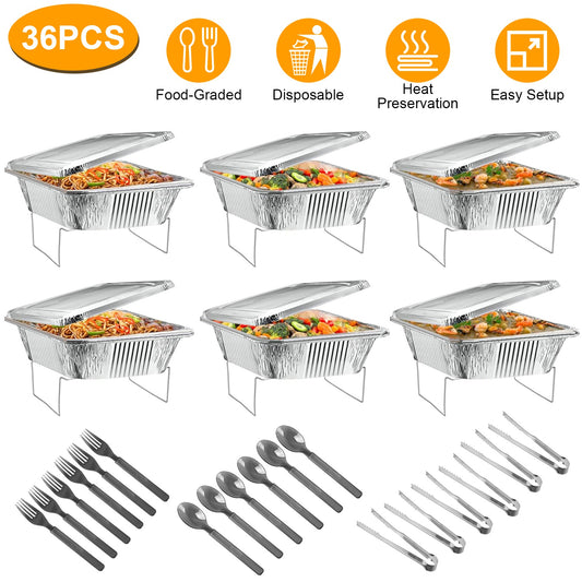 US Local 36Pcs Per Set Disposable Chafing Dish Buffet Set Food Warmers For Party Buffet Server Catering Supplies With Covers Utensils Half Size Food Pans For Parties Events BBQ Catering