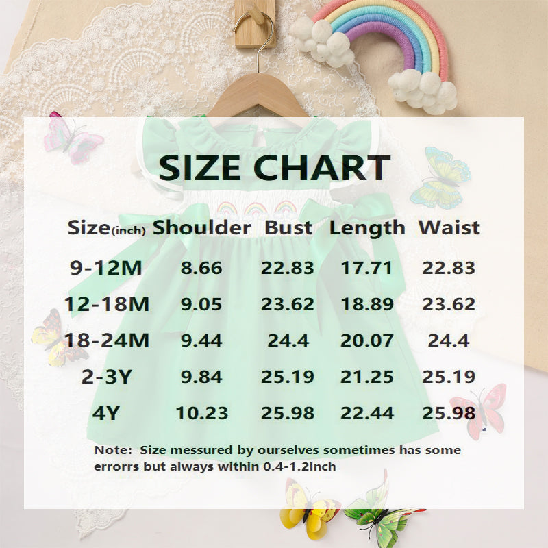 US Local Toddler Girl's Ruffle Sleeve Dress Rainbow Embroidery & Bow Detail With Back Button Closure