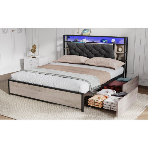 UK Local 4ft6 Double Bed With 4 Storage Drawers, Bed Frame With Concealed Headboard Storage, Button Tufted Headboard With LED Lighting And Charging Station, Vintage Rustic Wooden, Linen, Grey