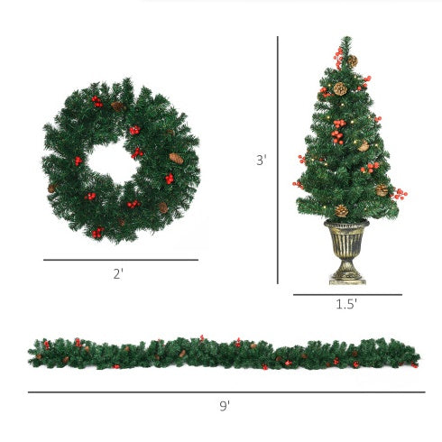 US Local HOMCOM Prelit Holiday Christmas 4-Piece Set, Garland Wreath And Set Of 2 Entrance Trees With Warm White LED Lights, Red Berries, Pine Cones, Green