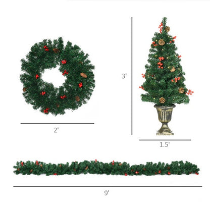 US Local HOMCOM Prelit Holiday Christmas 4-Piece Set, Garland Wreath And Set Of 2 Entrance Trees With Warm White LED Lights, Red Berries, Pine Cones, Green