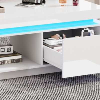 UK Local High Glossy LED Coffee Table With Drawer Storage, Wooden Centre Table With RGB Led Lights Rectangle Tea Table For Living Room Furniture, White Coffee Table With Open Display Shelf