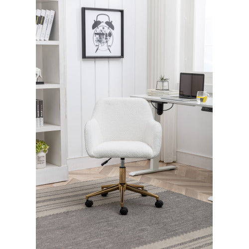 UK Local New Teddy Fabric Material Adjustable Height Swivel Home Office Chair For Indoor Office With Gold Legs,White
