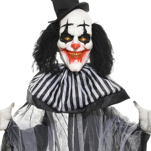 HOMCOM 6 Life Size Outdoor Halloween Decoration, Classic Black And White Striped Clown Animatronic, Sound And Motion Activated Animated Prop With Light Up Eyes  Sounds
