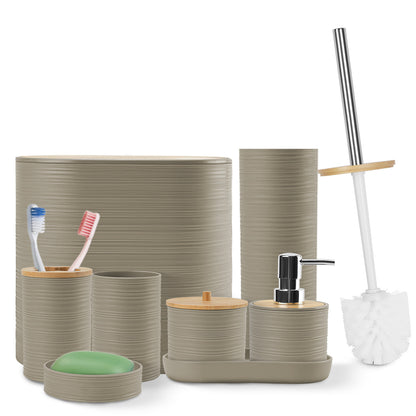 US Local 5 Colors Options -- Set Of 8Pcs Bathroom Accessories Set Bathroom Holder Set With Soap Dispenser Toothbrush Holder Cup Soap Dish Toilet Cleaning Brush Trash Can Qtip Holder Vanity Tray For Home