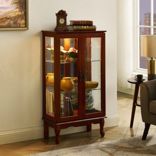 US Local Curio Cabinet Lighted Curio Diapaly Cabinet With Adjustable Shelves And Mirrored Back Panel, Tempered Glass Doors