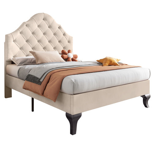 UK Local Upholstered Bed 90x190 With Slatted Frame And Headboard, Upholstered Bed With Height-adjustable Headboard, Youth Bed, Single Bed, Wooden Slat Support, Easy Assembly, Velvet, Beige