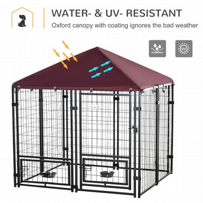 US Local Outdoor Kennel With Rotating Bowl Rack, Walk-in Pet Playpen, Welded Wire Steel Dog Pen, With Waterproof And UV Resistant Awning