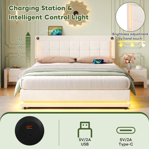 UK Local 4ft6 Double LED Hydraulic Bed With Charging Station, Adjustable Square Tufted Headboard With Intelligent Control Light, Soft Velvet Bed Frame With USB And Type - C Ports, Beige
