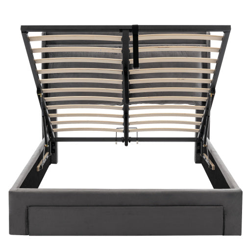 UK Local Upholstered Bed, 135x190  4ft6, Double Bed, Hydraulic Bed, 2-in-1 Storage Drawers At The End Of The Bed, Recessed LED Light Strips On Both Sides Of The Bed, Slatted Frame, Velvet,Dark Gray