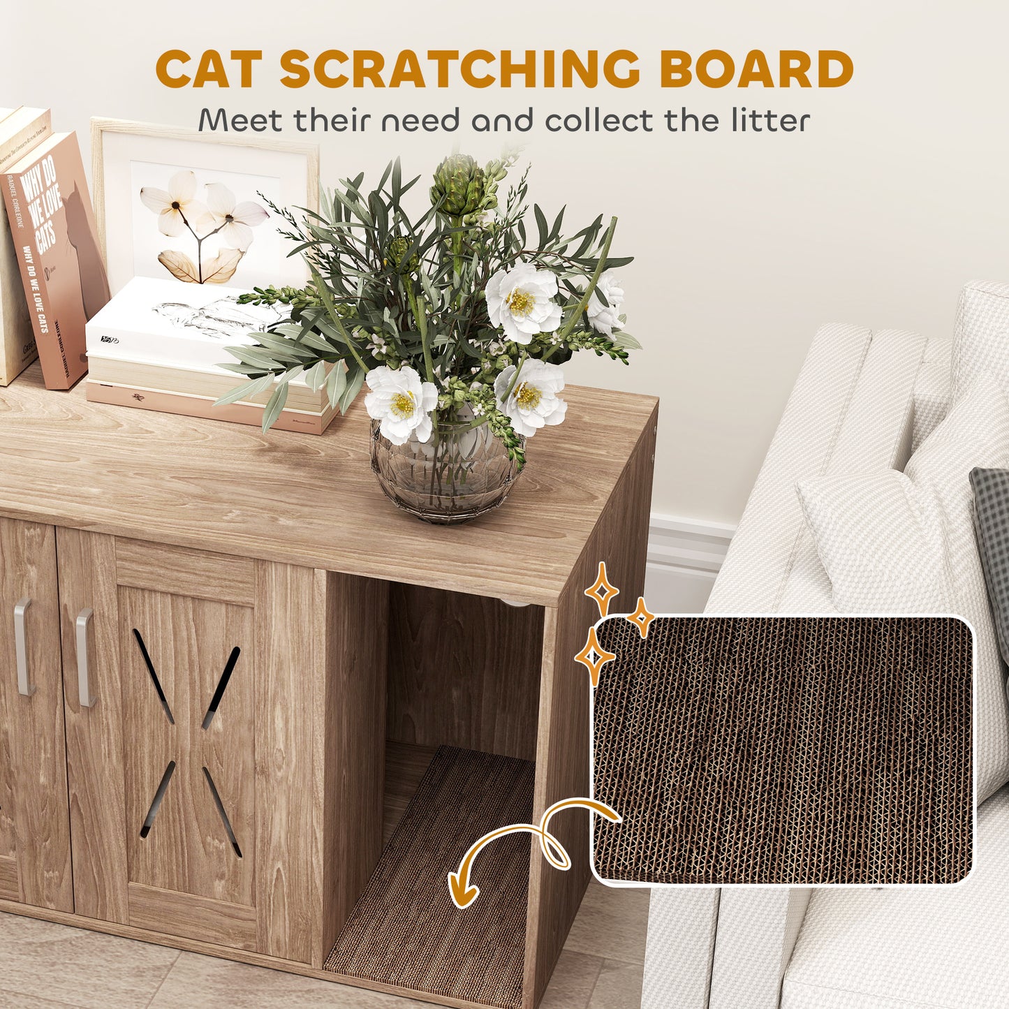 US Local Cat Litter Box Enclosure With Scratching Board, Cat Washroom End Side Table, 31.5 X 19X 20, Walnut Brown