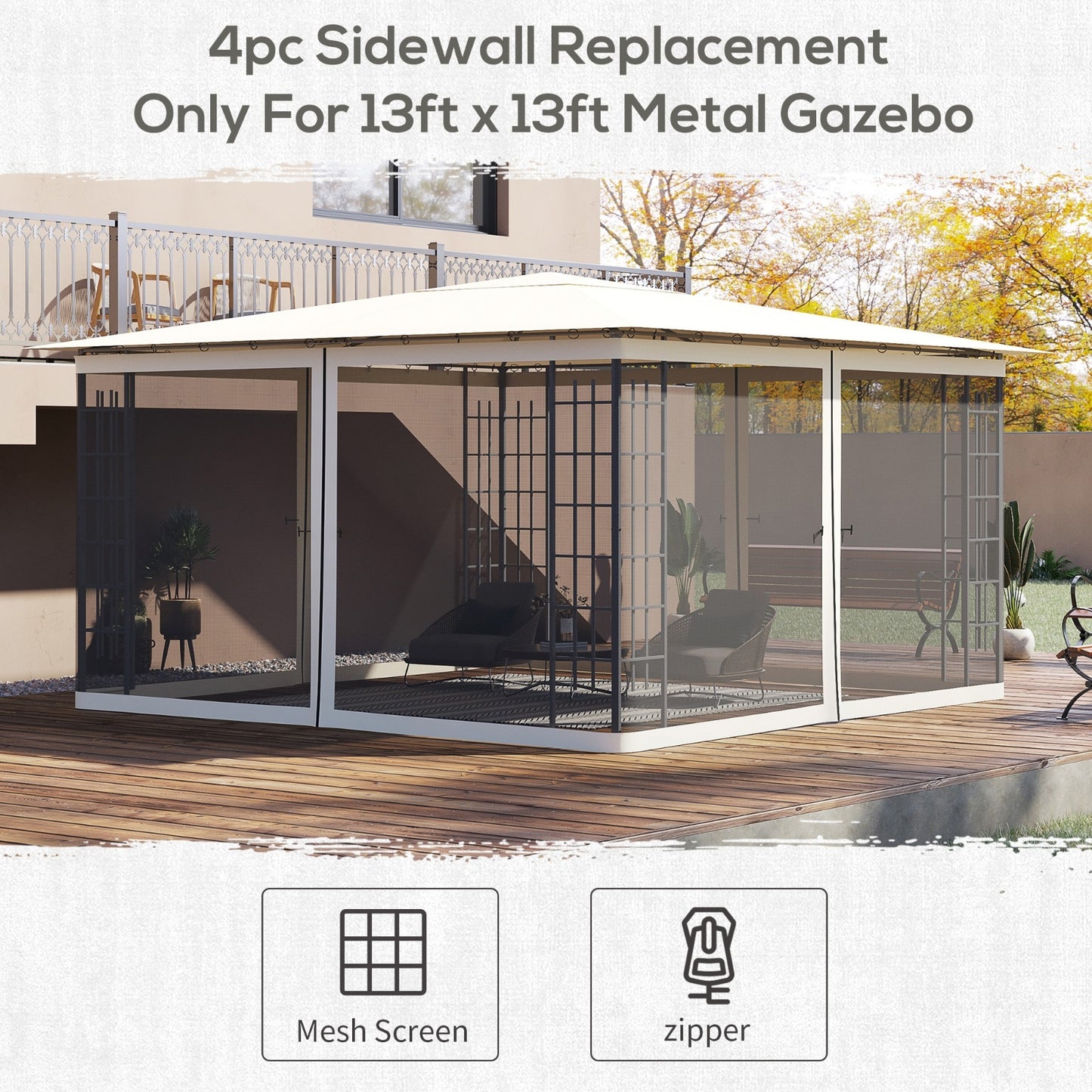 US Local Outsunny 13' X13' Replacement Mesh Sidewall Netting For Patio Gazebos And Canopy Tents With Zippers