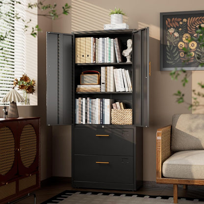 US Local 2 Drawer Lateral File Cabinet With Lock, Metal Filing Storage Cabinet With Locking Doors And 2 Adjustable Shelves For Home, Office, School, Fits A4 Letter Legal Size Folders, Assembly Required