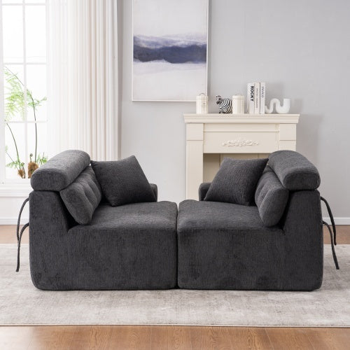 US Local LY-029 GRAY COMPRESSION SOFA 4-seater Combined Sofa, Wood Grain Chenille Fabric, Full Sponge Compression Sofa,combined Sofa With 2 Pillows For Living  Home Furniture  Apartment