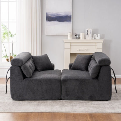 US Local LY-029 GRAY COMPRESSION SOFA 4-seater Combined Sofa, Wood Grain Chenille Fabric, Full Sponge Compression Sofa,combined Sofa With 2 Pillows For Living  Home Furniture  Apartment