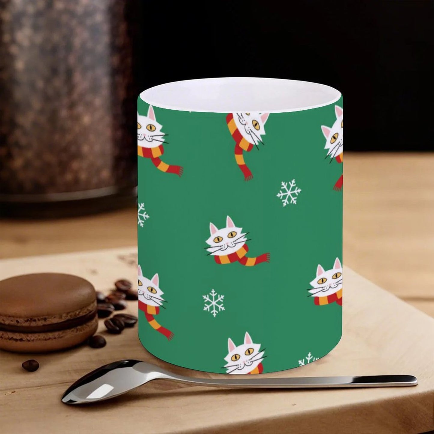 POD US Local White mug with full print, Christmas Cat Scarf Snowflake 0029