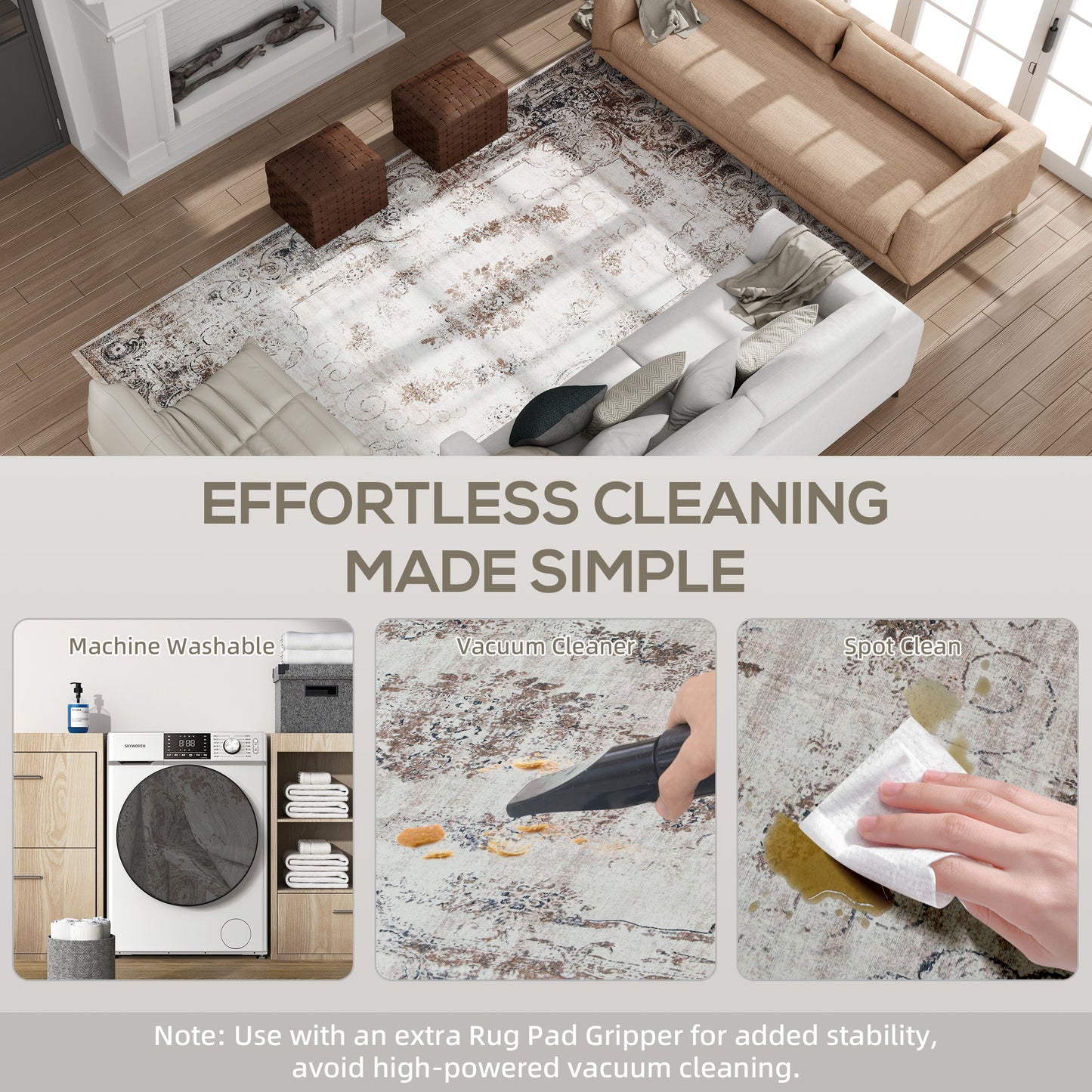 8x10 Boho Area Rug, Machine Washable Carpet For Living Room, Bedroom, Dining Room, Kitchen, Home Office, Brown