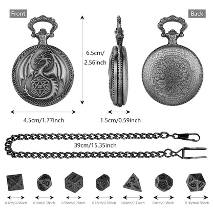 US Local Creative Thick Chain Pocket Watch Set, Equipped With 7 Mini DND Game Polyhedral Metal Dice Tabletop Role-playing Game Dice, Enhancing RPG Gaming Experience And Providing Players With Unique Gifts
