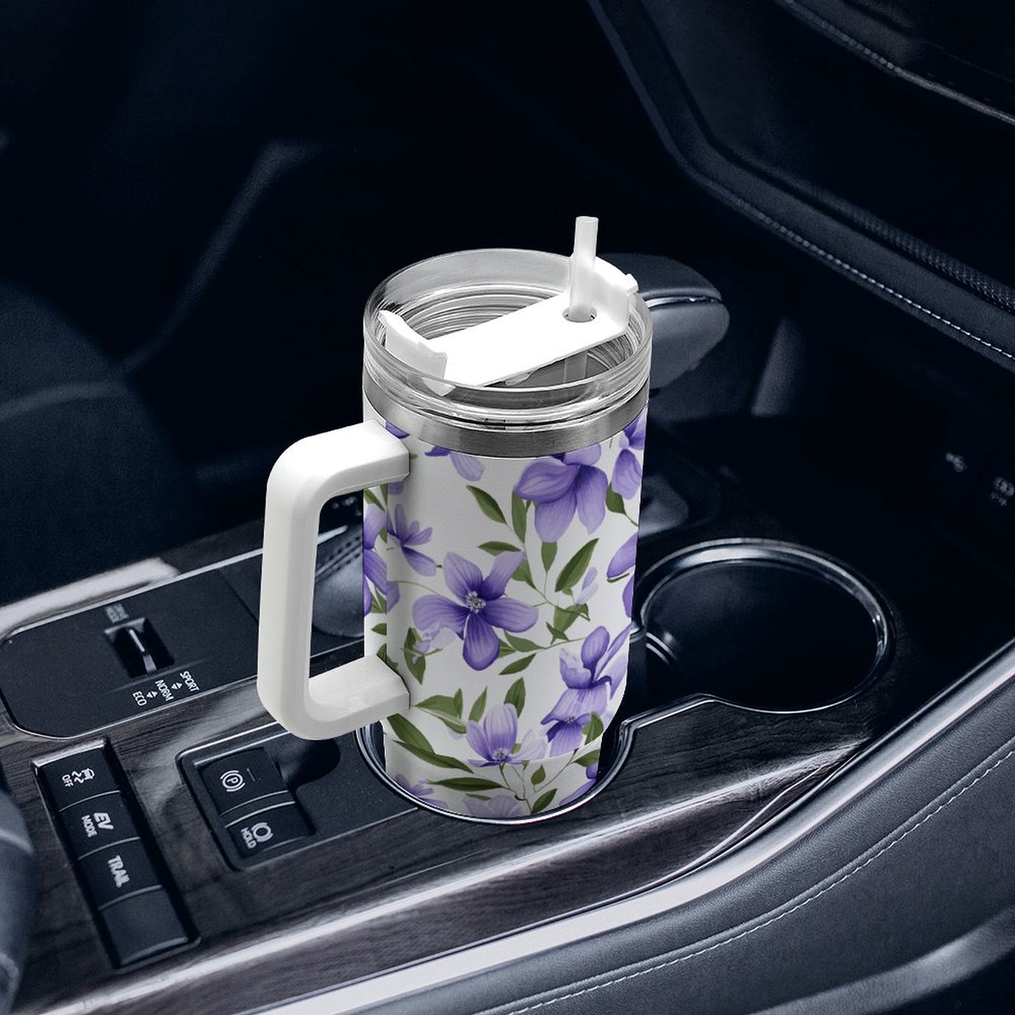 PHDT00037 POD US Local Tumbler 40 oz Large Capacity Car Cup Purple, Flowers, Green Leaves