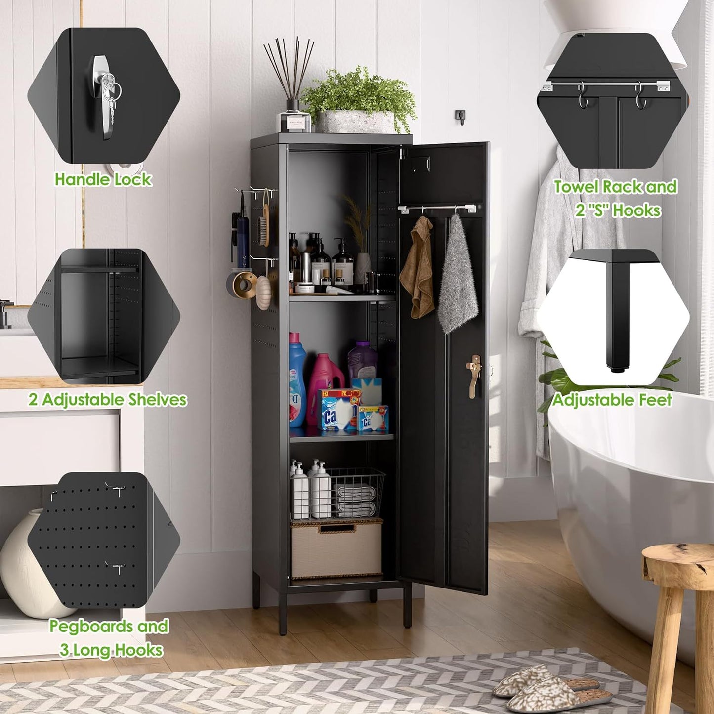 US Local Metal Lockers For Employees With Handle,Metal Storage Locker With 2 Pegboard & 5 Hooks For Gym, School, Office,Home,Garage,Black