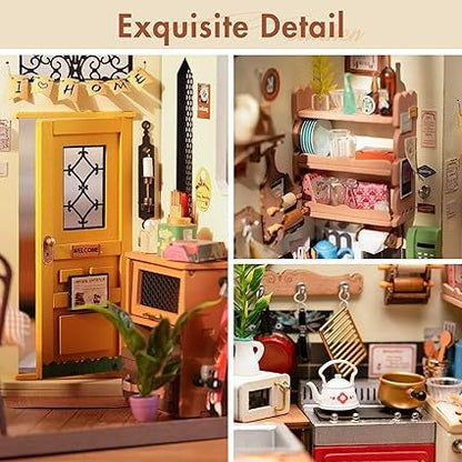 US Local ROBOTIME Rolife Happy Kitchen Dollhouse Minature House DIY Wooden Puzzle With LED Light DG159