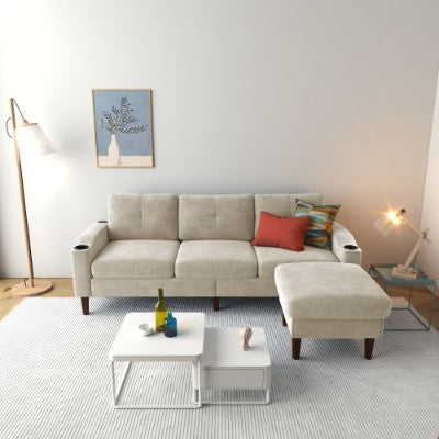 US Local Convertible Combination Sofa Sofa L Shaped Sofa With Footstools With Storage, Beige Sofa For Living Room, Living Room Bedroom Office Small Space 3 Seater Combination Sofa