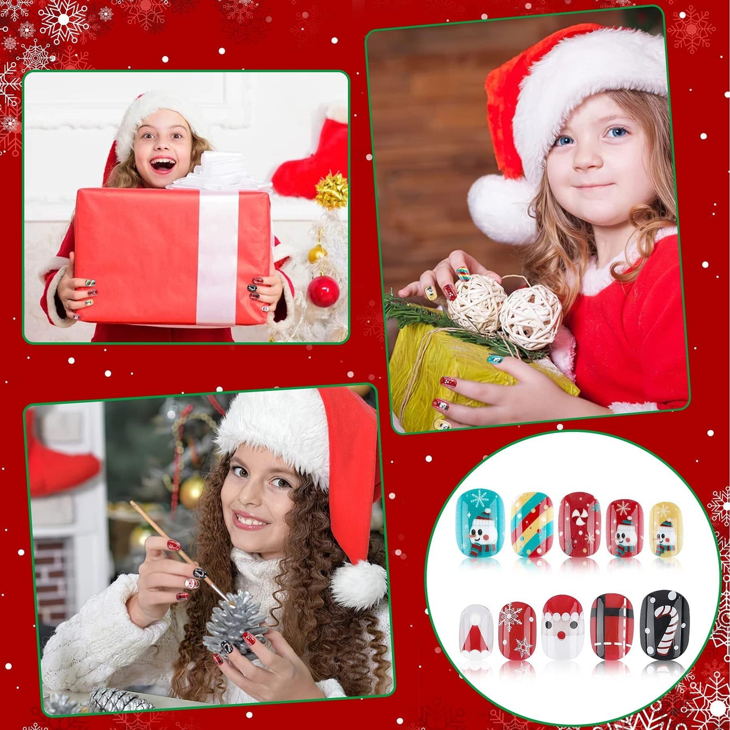 US Local Christmas Stick On Nail, 48 Pcs False Nails Kids Full Cover Xmas Short False Nail Children Nails Lovely Gift For Kids Little Girls Nail Art Decoration