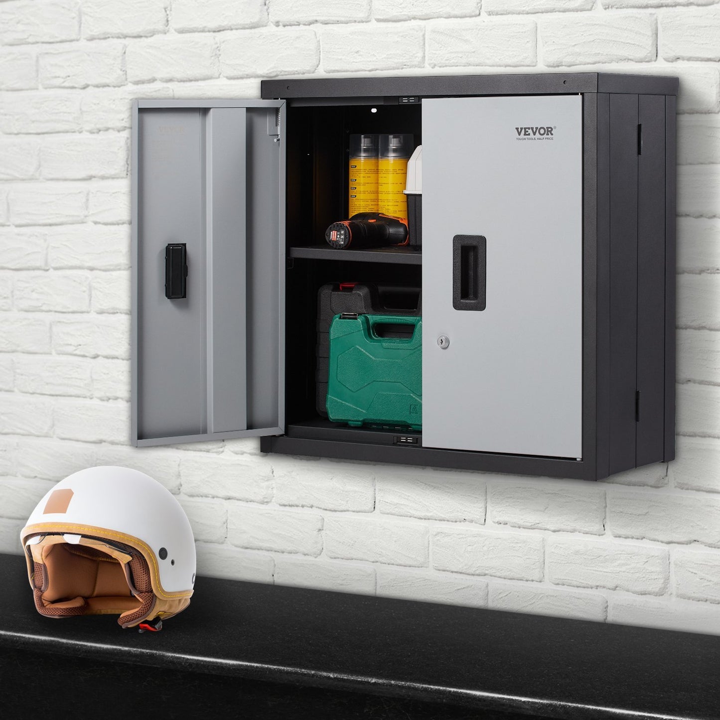 US Local VEVOR Foldable Wall Cabinet, Metal Garage Cabinet Wall Mounted 26 Small Cabinet 240 LBS Loading Capacity Adjustable Shelf Magnetic Door File Locker For Garage Office Home Black