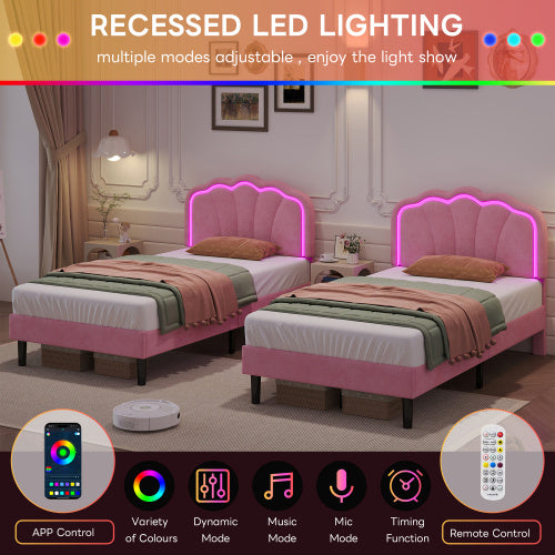 UK Local 3ft Single Upholstered Bed With LED Adjustable Shell Shape Headboard, Soft Velvet Bed Frame With Solid Wood Slat, No Box Spring Needed, Easy Assembly, Cream White No Mattress