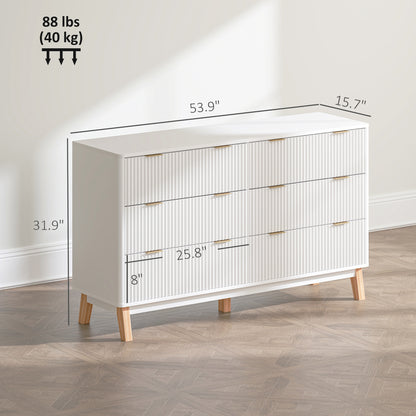 US Local 6 Drawer Double Dresser For Bedroom, Fluted Chest Of Drawers With Gold Finger Pulls And 5 Wood Legs, White