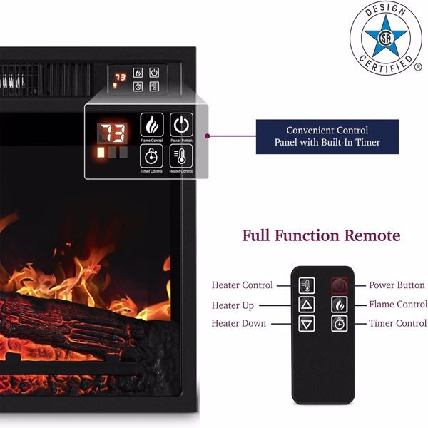 US Local 23 Inch Electric Fireplace, 3D Infrared Black Fireplace Electric Heater With Infrared Remote Control, Glass Field Of View, Adjustable Realistic Wood And Flames, Indoor, 1400W