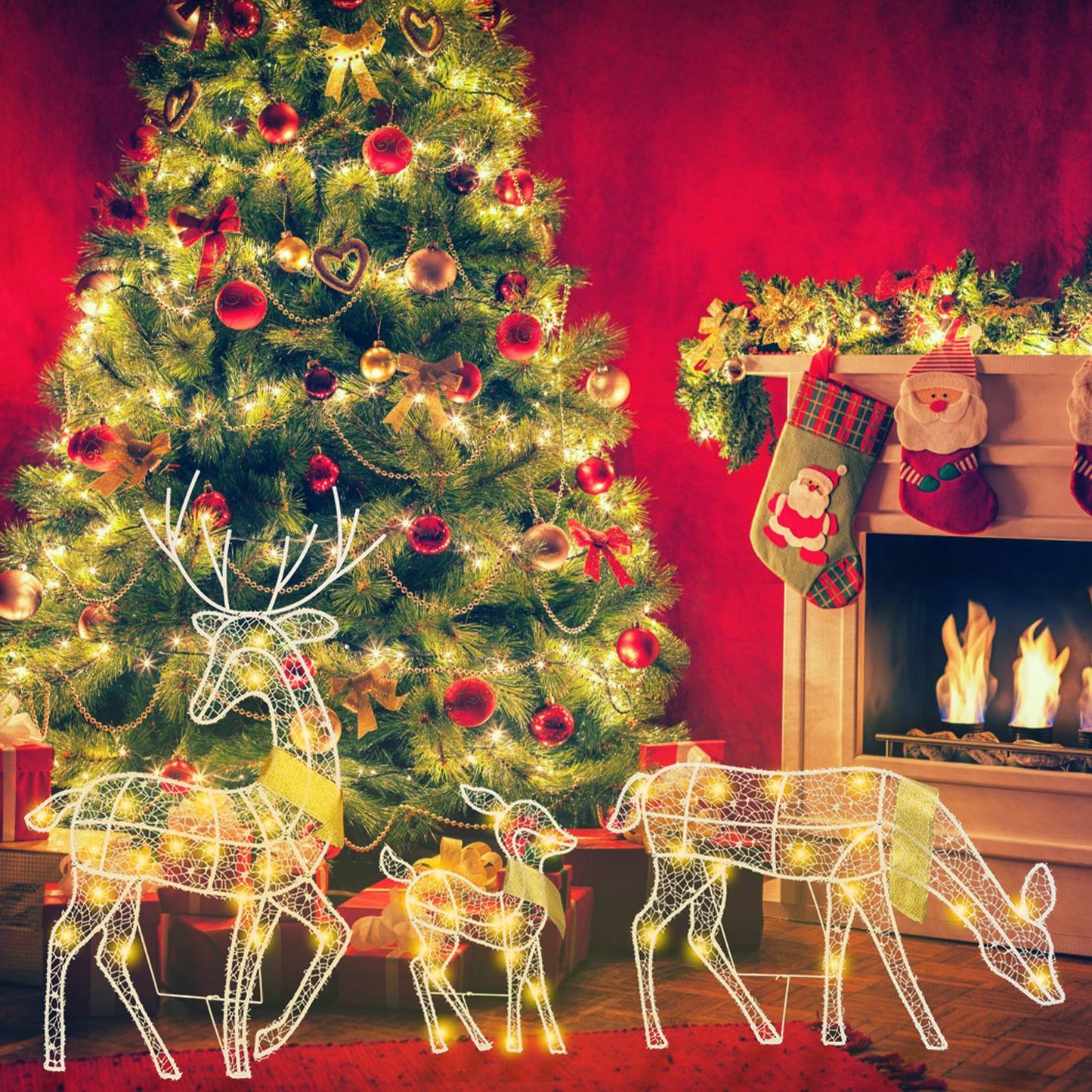 US Local 3 Sets Of Reindeer Family Lighted 2D Christmas Deer Decoration Warm Yellow Light 3 Lighting Modes Buck Doe Fawn Indoor Outdoor Christmas Decoration