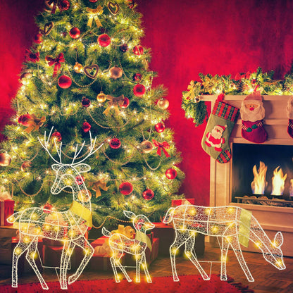 US Local 3 Sets Of Reindeer Family Lighted 2D Christmas Deer Decoration Warm Yellow Light 3 Lighting Modes Buck Doe Fawn Indoor Outdoor Christmas Decoration