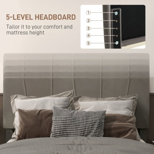 UK Local HOMCOM King Size Bed Frame, With Velvet-Feel Headboard - Grey