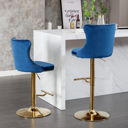 US Local Golden Swivel Velvet Barstools Adjusatble Seat Height From 25-33 Inch Blue,Set Of 2