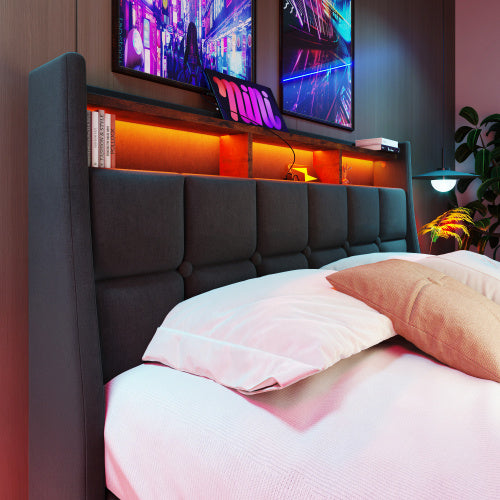 UK Local Upholstered Double Bed 135 X 190 Cm With LED Lighting, USB Type-C Charging Function, Storage Headboard, 4FT6 Double Bed Storage Bed Frame With Metal Slatted Frame, Linen, Grey No Mattress