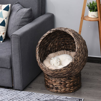 US Local Handmade Wicker Elevated Cat Bed With Cushion Dark Brown For Kittens