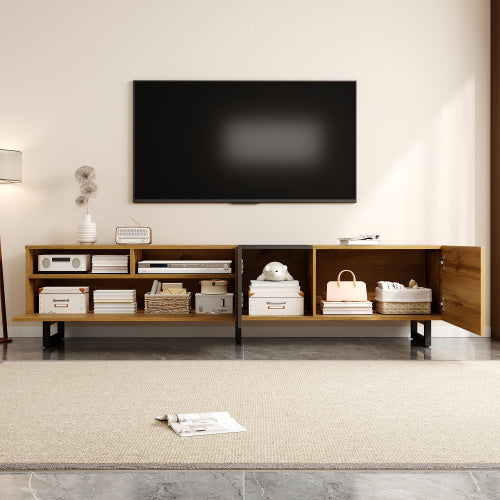 UK Local Colorblock TV Cabinet, Simple Contrasting Color Design, Three Doors And Two Compartments, U-Shaped Metal Legs, Retro Wood Grain