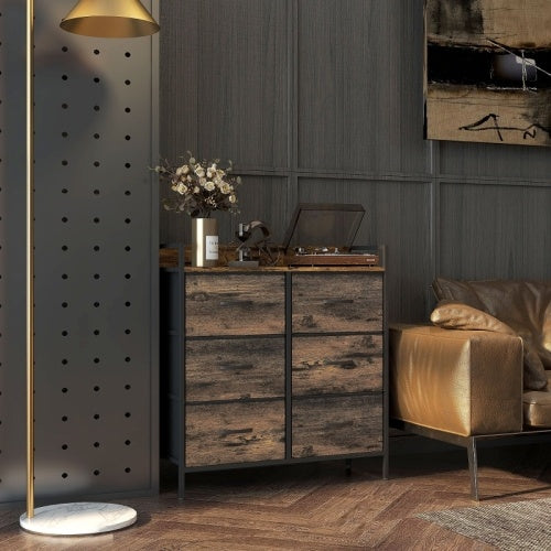 UK Local HOMCOM Rustic Chest Of Six Fabric Drawers - Rustic Brown